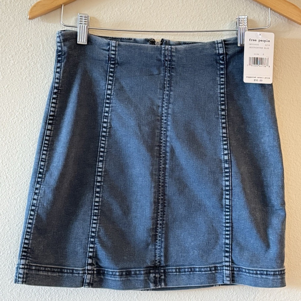 NWT Free People Modern Femme Denim‎ Mini Skirt Stretch Bodycon Y2K  Blue 8